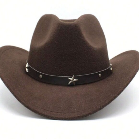 Brown Western Cowboy Cowgirl Hat Felt Wide Brim Star Band Unisex Rodeo - Picture 3 of 5